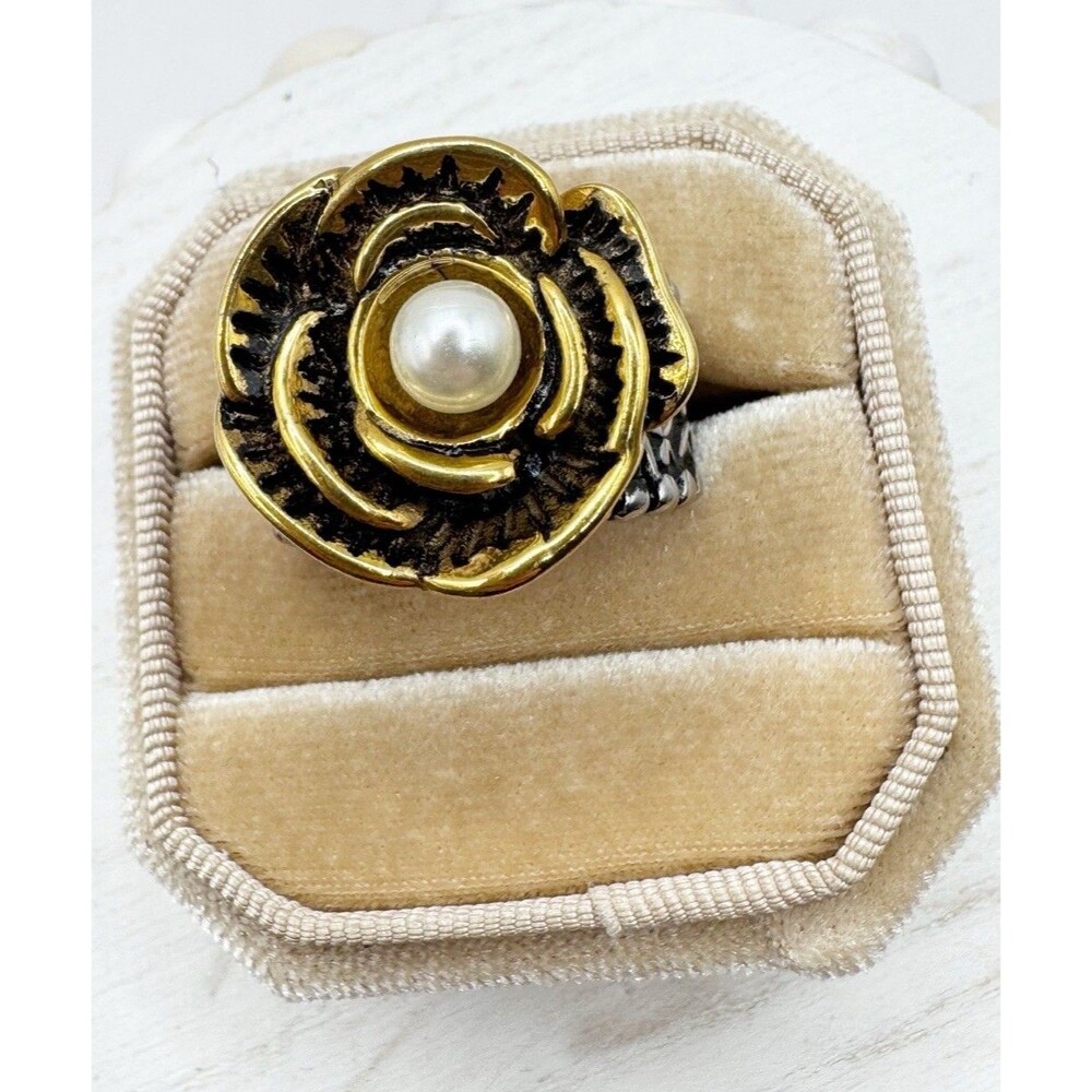 Plunder Aungelica Rose Ring Mixed Metal Tones Pearl Center Wide Band Chunky Sz 9
